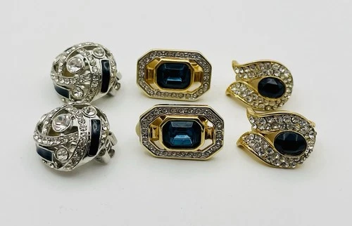 Vintage Jewelry Lot Art Deco Rhinestone Clip Earrings, Gold Silver Tone