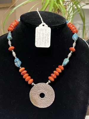 HILL TRIBE TIDEWATER SOUTHWESTERN NATIVE CORAL TURQUOISE NECKLACE 20  STERLING