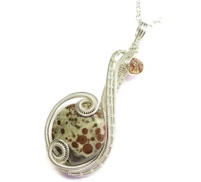 Orbicular Jasper Necklace: Sterling Silver Wire Wrap with Swarovski Crystal