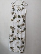 Vtg KY's White Hibiscus Floral Hawaiian Dress Medium Maxi Fitted USA Sleeveless