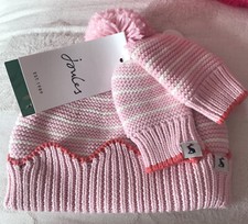 6-12 Months Joules Pink  Cream Lined Organic Cotton Knitted Bobble Hat  Mitts