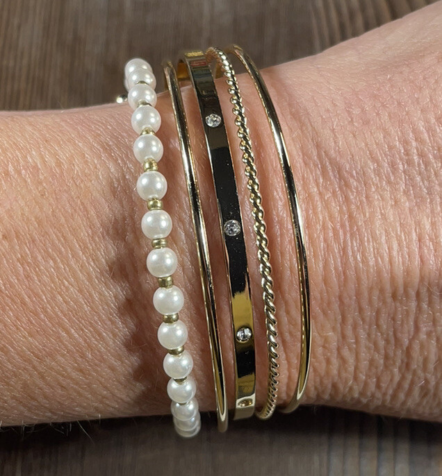Bangle Cuff Bracelet Multi Layer Gold Tone Pearl Rhinestone-image