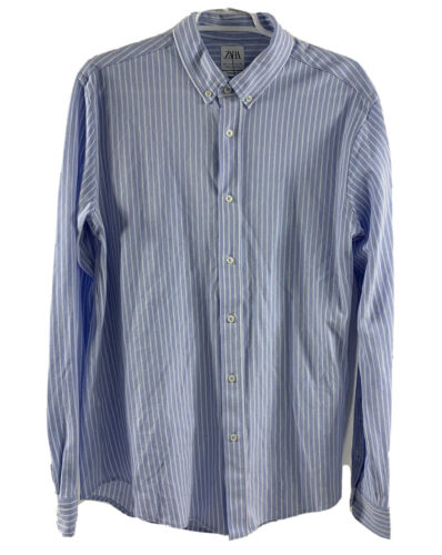 New Zara Button Up Long Sleeve Knit Shirt Blue Striped Men’s L NWT