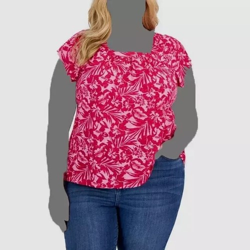 Style & Co Women's Plus Size 1X Square-Neck Flutter-Sleeve Floral Top Blouse NwT