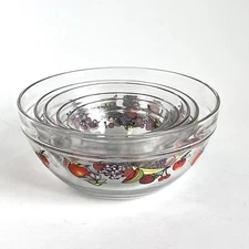 5 Vintage Glass Nesting Prep Bowls Fruit Pattern Design Colorful Retro Durable