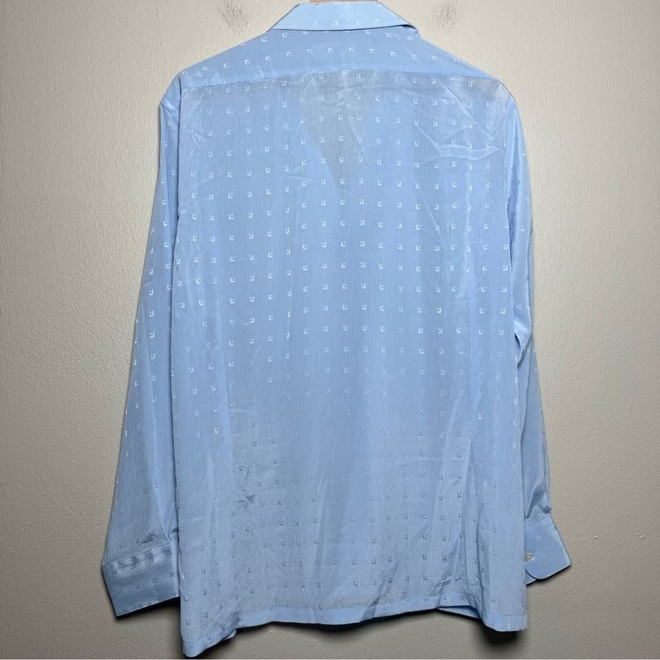 Courreges Homme Paris France Men Silk Dress Shirt Large Blue Geometric