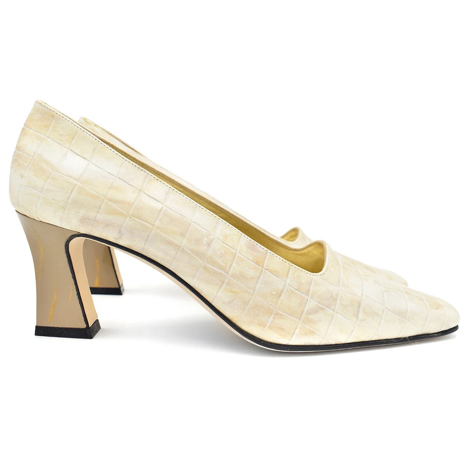 Tacón de cuero Escada dorado/beige cocodrilo en relieve talla 9,5 Foto 3 de 4