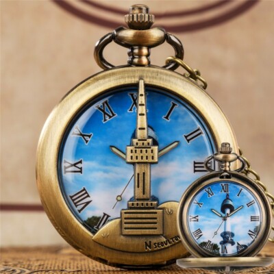 Antique Pocket Watch N Seoul Tower Design Roman Number Quartz Watches Chain  Gift