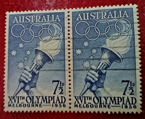 🔹AUSTRALIA - 1956 - OLYMPIC GAMES - MELBOURNE - PAIR 7½P BLUE - USED