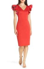 $148 Eliza J Ruffle Shoulder Scuba Crepe Dress | Red | Size 16