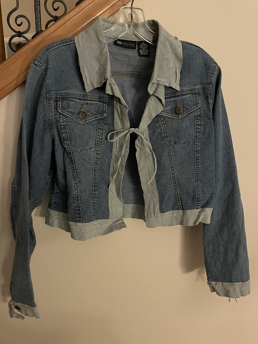 Relativity Denim Jacket L Cropped Leather Green Trim Laced Tie