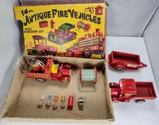 Vintage Cragstan 14 Piece Antique Fire Vehicles Toy Set Missing 4 Parts