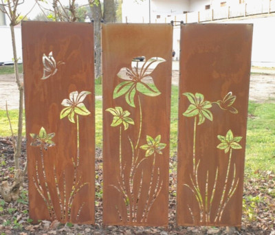 3-teilige Sichtschutz Wand Edelrost - Lilie - Kolibri - rost 160 x 155 cm