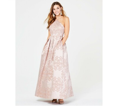 Teeze Me Junior Womens 7/8 Blush Pockets Glitter Velvet Flocked Halter Gown NWT
