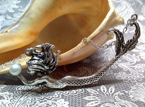 Collar de perlas sirena plata esterlina .925 arte fantasía hecho a mano EE. UU. artesano - Imagen 2 de 7