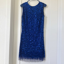Mango Blue Sequin Fringe Shift Mini Dress Round Neck Lined Sleeveless S