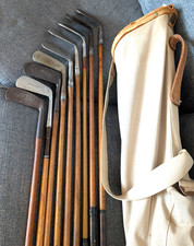 Antique Hickory Wood Shaft Golf Club Lot 9 w/ Period Canvas Bag