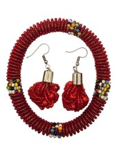 African Bracelet with Earring Set - Red Handmade in Kenya by the Maasia Tribe