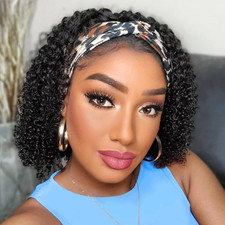 Headband Wig Human Hair,10 Inch Curly Wigs for Black Women,Natural Black