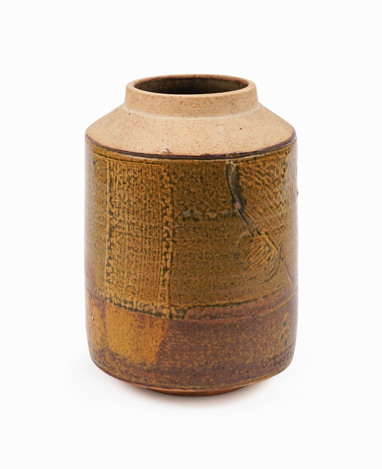 Bill Farrell Ceramic Vase Mid Century Vintage Brutalist Studio Yellow Brown Art 
