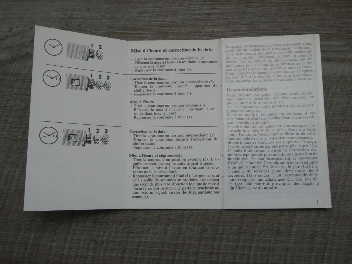 Folleto de instrucciones Longines genuino vintage y cuidado para tarjeta de reloj en billetera