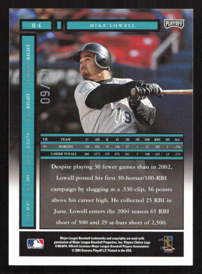 2004 Playoff Honors Mike Lowell Credits Silver #/50 #84 Card - Image 2 of 2