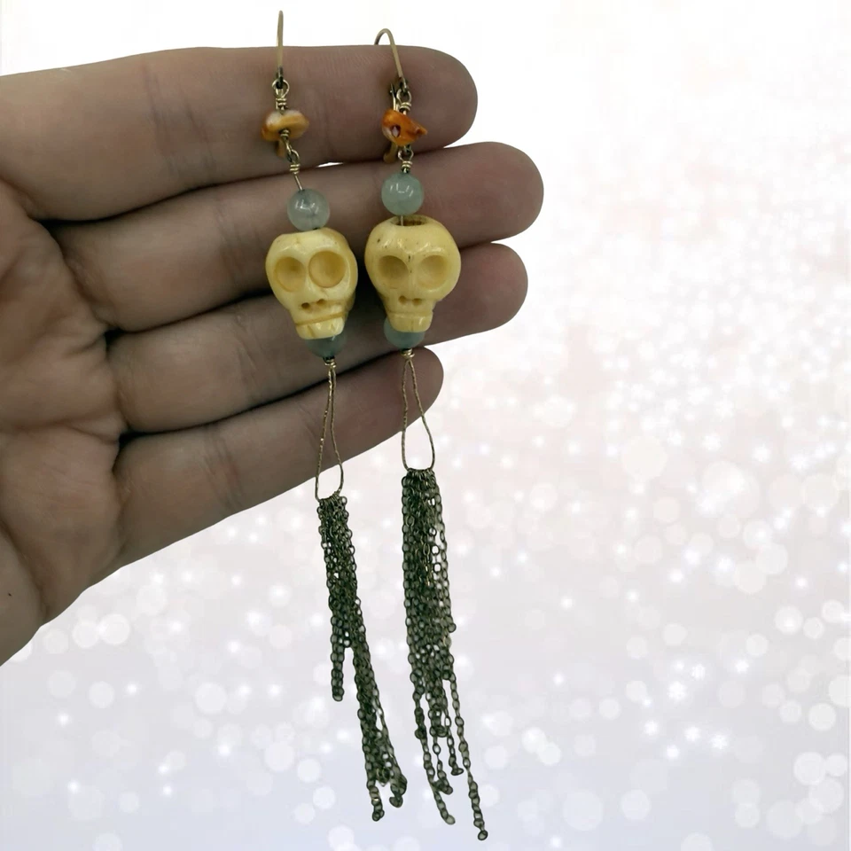 PENDIENTES BORLA COLGANTES ARTESANO GÓTICO CALAVERA Halloween relleno oro 14k vintage Foto 4 de 4