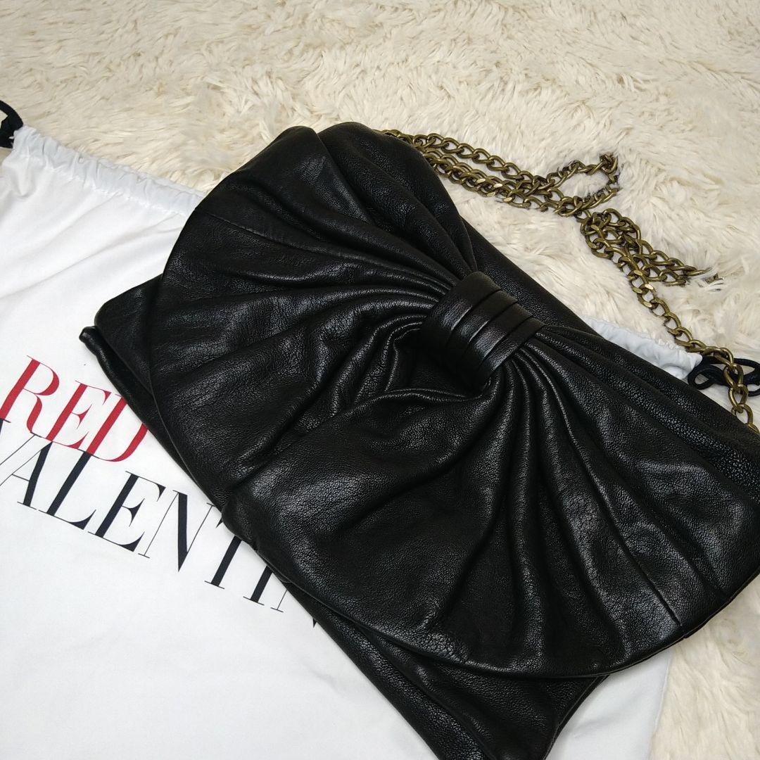 Red Valentino Shoulder Bag Purse Clutch Chain Ribbon Leather Black Authentic thumbnail 22