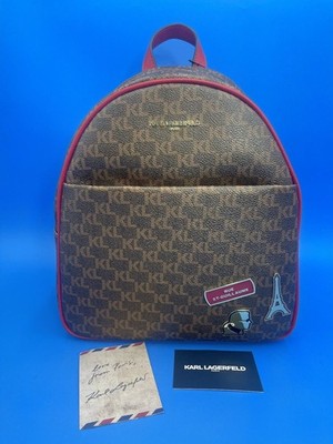Karl Lagerfeld Backpack Brown Logo Red Line Front Zip Pouch 3 charms NWT