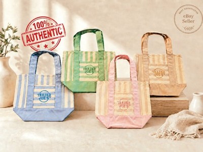 Trader Joe's Striped Mini Canvas Tote Bag 4 Color Set NWT Pink Blue Green Beige