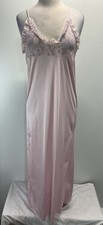 Vtg Nylon Long Nightgown Women  s S Pale Pink Lace Top Made USA 70s Ruffle Trim