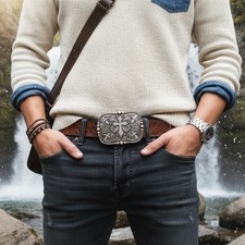 Men Women Western Belt Buckle Rusty Silver Metal Cross Religious Fun Casual Look