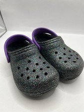 Kids Black Purple Glitter Crocs Child Size 9 Sandals Furry Inside Insole