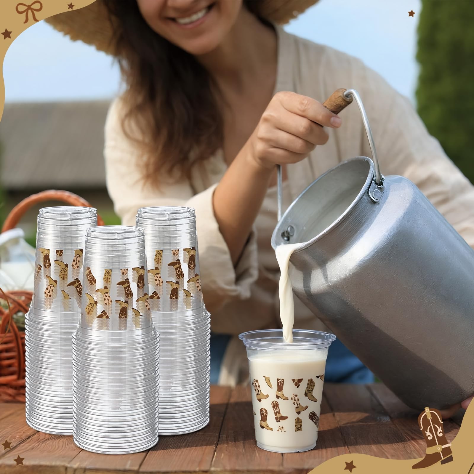 100 Pcs Western Cowboy Plastic Cups 16 oz Brown Cowboy Boot Drinking Cups for...