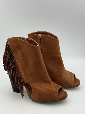 Qupid Women’s Fringe Booties Size Brown Suede Peep Toe Ankle Boho Western 