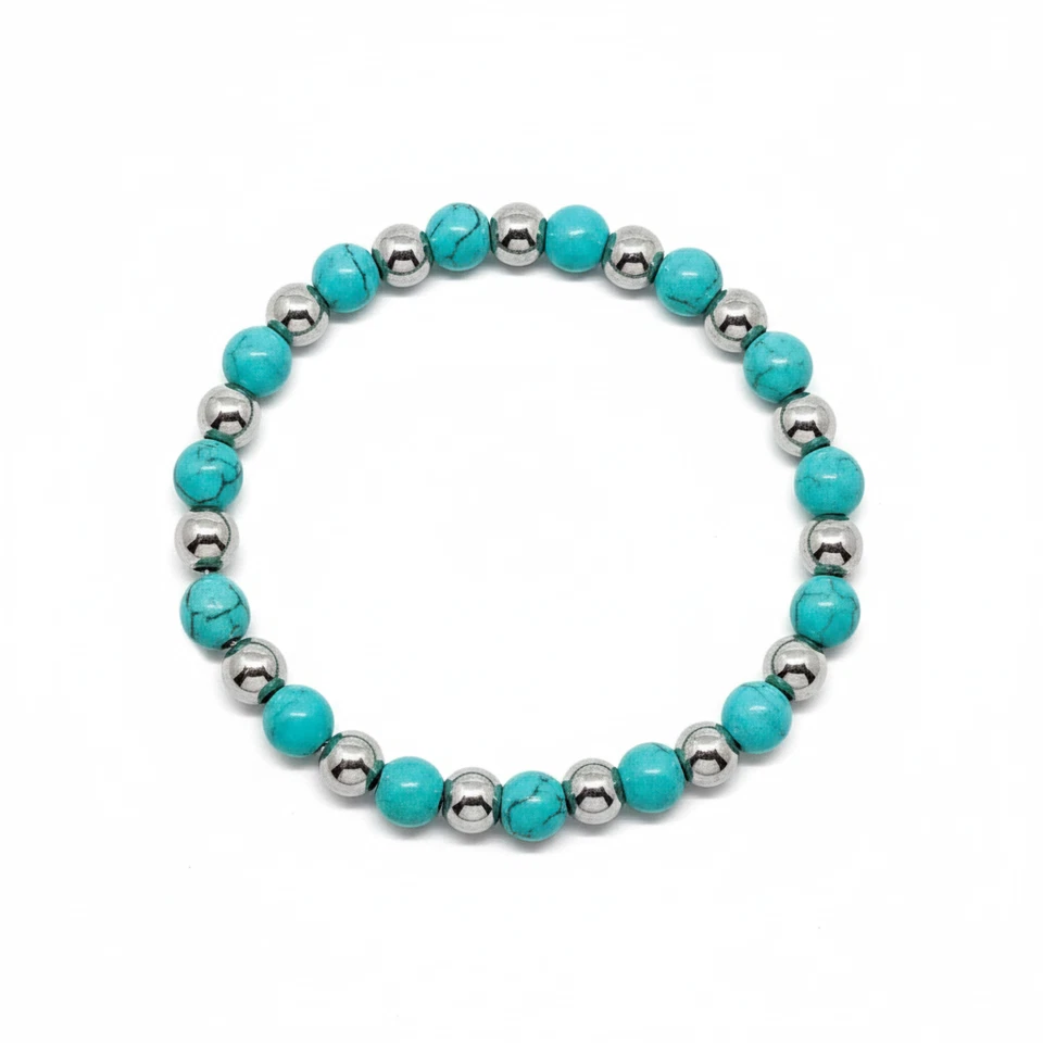 Bracciale Turchese pietre dure perle argento in Acciaio Uomo Donna braccialetto - Immagine 3 di 4