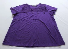 Collections Etc Women's Lace Design Trimmed Cotton Knit Top JL3 Purple Large