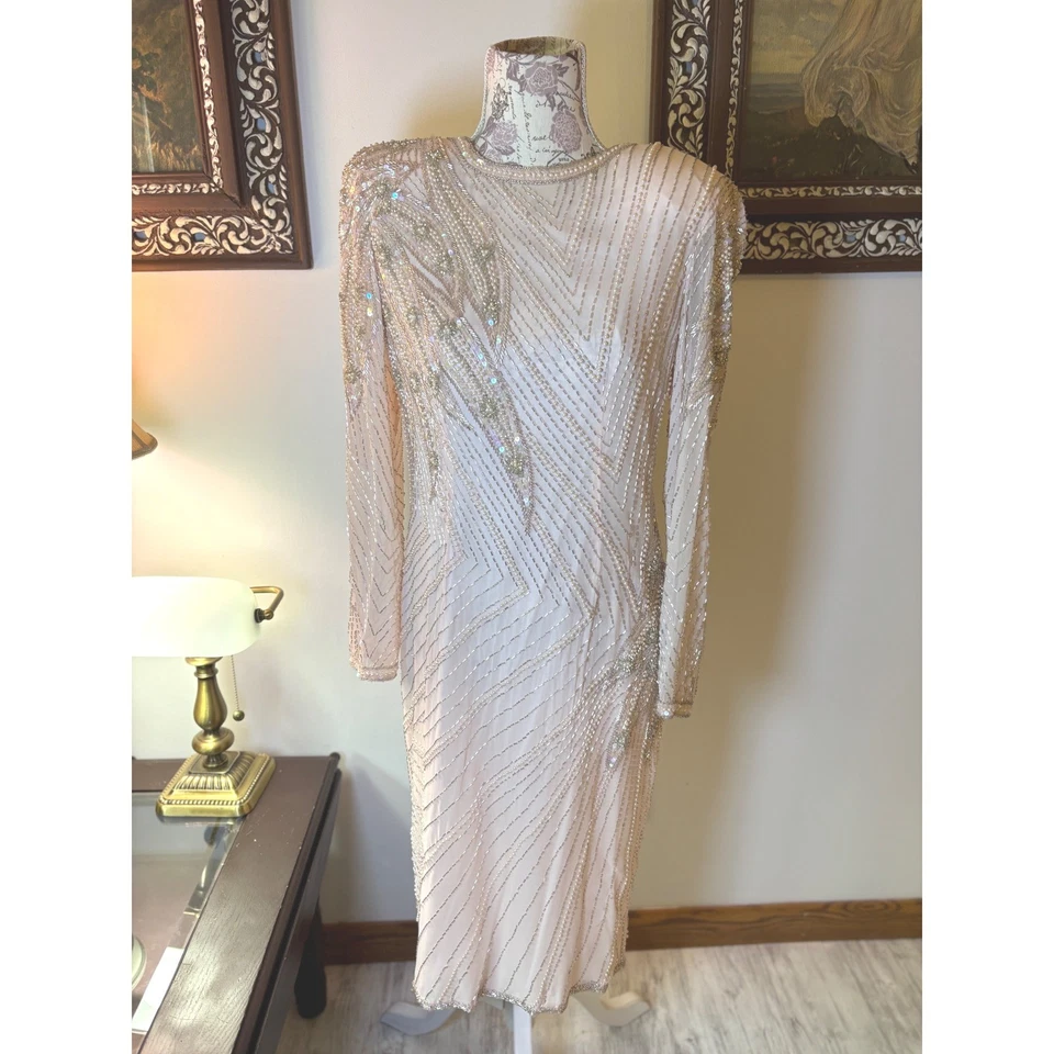 Vestido Oleg Cassini Cuentas Lentejuelas Seda Rayón Talla 6 8 Fiesta Cóctel Formal Foto 2 de 4