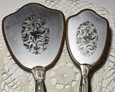 Gold Silver Tone Floral Mirror Brush Vanity Set Flowers Embossed USA Vtg