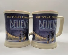 Polar Express Coffee Mugs Believe Blue Set of 2 Raised Letters Train Hot Cocoa 