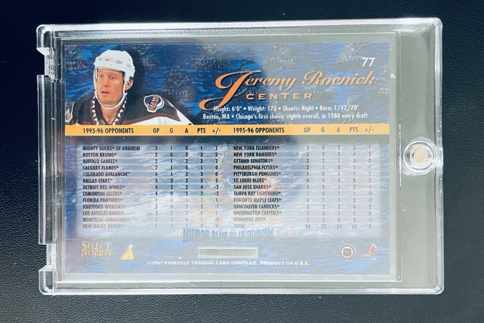 1996-97 SELECT CERTIFIED MIRROR BLUE #77 JEREMY ROENICK (Print Run To ...