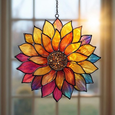 Mandala Sunflower Acrylic Suncatcher   Stained Glass Effect Window Hanging Decor