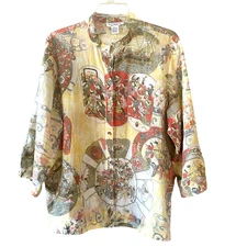 CITRON SANTA MONICA Size XL Linen Button-Up 3/4 Sleeve Asian Print Tunic Top