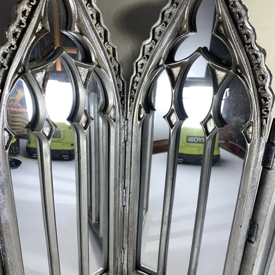 Silver Gothic Cathedral Style Folding Display Mirror Christmas 4 Sections 17” Ht - Image 4 of 4