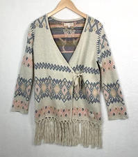 Anthropologie Odd Molly Cardigan Small Beige Aztec Pattern Wrap Tie Fringed Hem