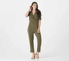 Brand New Halston Petite Elbow Sleeve Jersey Ankle Jumpsuit Dark Olive 3X 