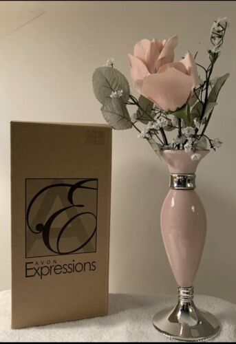 Avon Expressions 2008 Bud Vase with Flowers Roses Pink Blush Silver Box  - Afbeelding 1 van 7