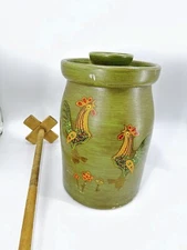 Antique Handmade Pottery Butter Churn Glazed Stoneware Painted Roosters See Pics