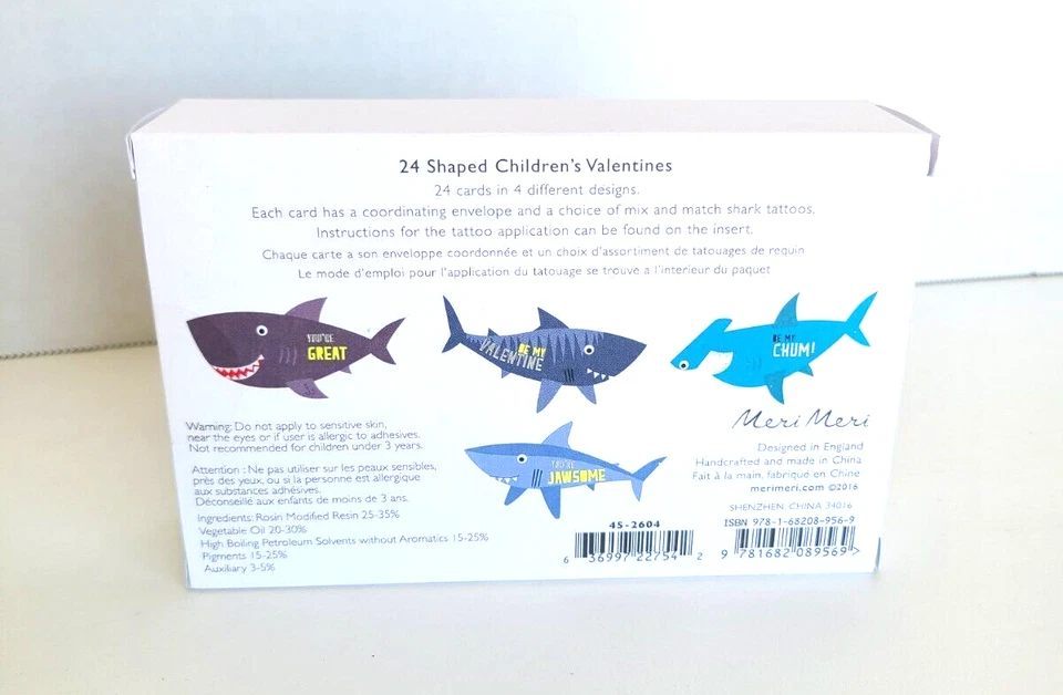 Meri Meri 24 Greeting Cards “Valentines” NIB ~ Sharks ~ Tattoos - Image 3 of 4