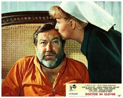 Doctor in Clover Original Lobby Card James Robertson Justice Joan Sims kissing